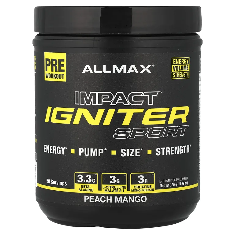 ALLMAX, IMPACT™ IGNITER Sport, предтренировочный комплекс, со вкусом персика и манго, 320 г (11,29 унции)