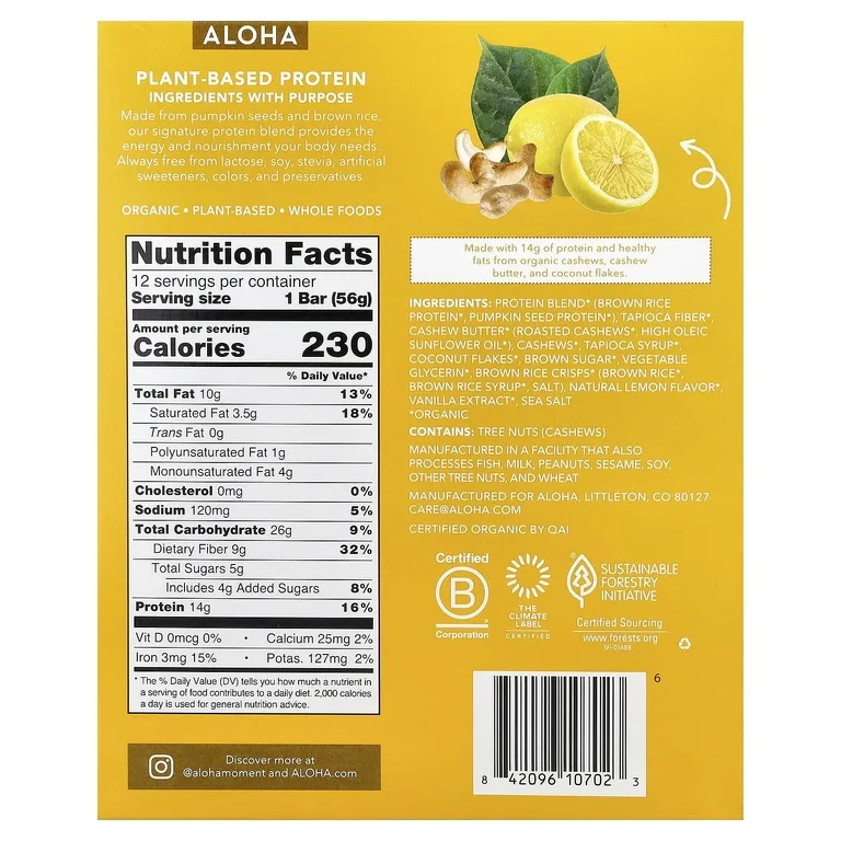 Aloha, Organic Protein Bars, Lemon Cashew, 12 Bars, 1.98 oz (56 g) Each