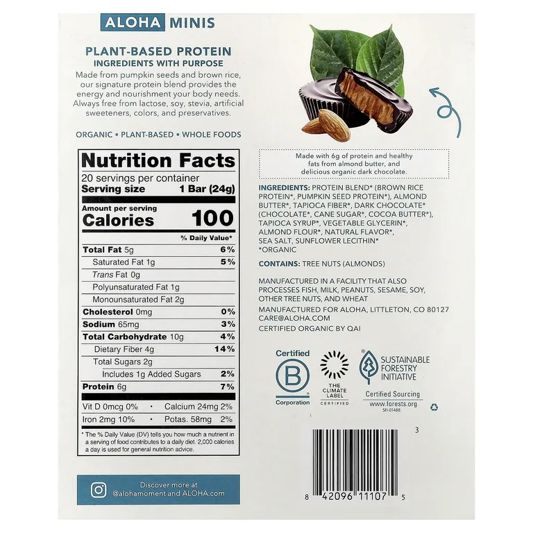 Aloha, Organic Protein Mini Bars, Almond Butter Cup, 20 Bars, 0.85 oz (24 g) Each