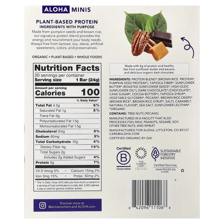 Aloha, Organic Protein Mini Bars, Chocolate Caramel Pecan, 20 Bars, 0.85 oz (24 g) Each