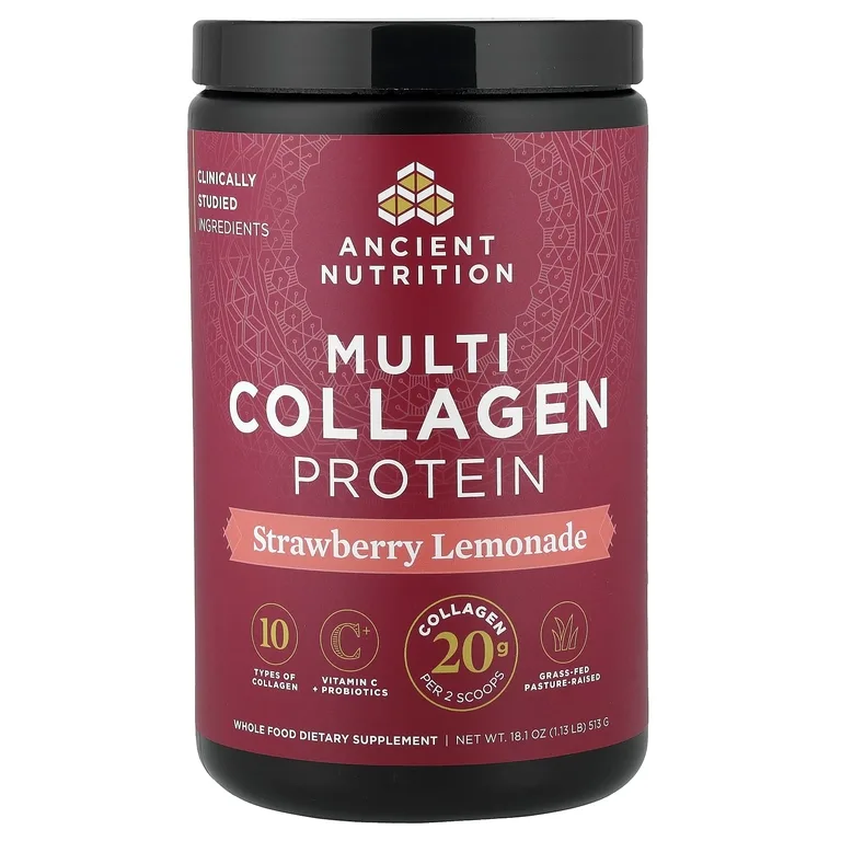 Ancient Nutrition, Multi Collagen Protein, клубничный лимонад, 1.13 фунта (513 г)