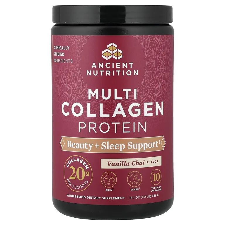 Ancient Nutrition, Multi Collagen Protein, протеин с коллагеном, для красоты и сна, ванильный чай, 456 г (1 фунт)