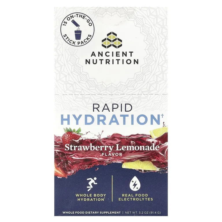 Ancient Nutrition, Rapid Hydration, клубничный лимонад, 15 упаковок в виде стиков, по 6,1 г (0,2 унции)