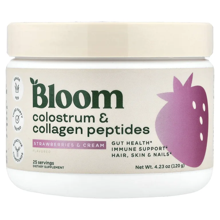 Bloom, пептиды молозива и коллагена, клубника со сливками, 120 г (4,23 унции)
