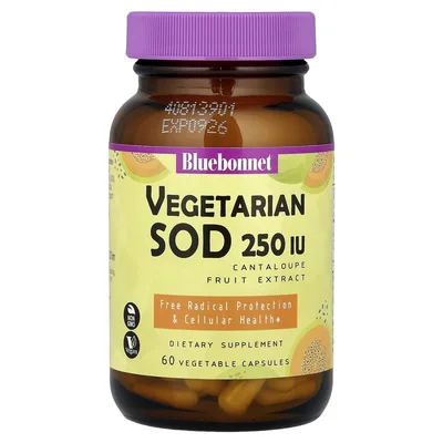 Bluebonnet Nutrition, Супероксиддисмутаза из экстракта плодов канталупы, 250 МЕ, 60 растительных капсул