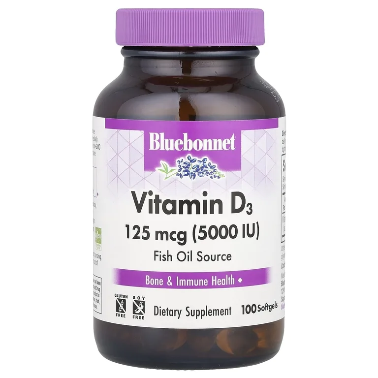 Bluebonnet Nutrition, витамин D3, 125 мкг (5000 МЕ), 100 мягких таблеток