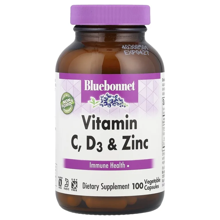 Bluebonnet Nutrition, витамины C, D3 и цинк, 100 растительных капсул