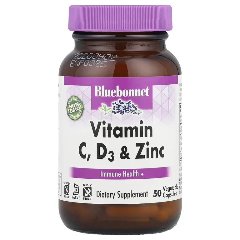 Bluebonnet Nutrition, витамины C, D3 и цинк, 50 растительных капсул