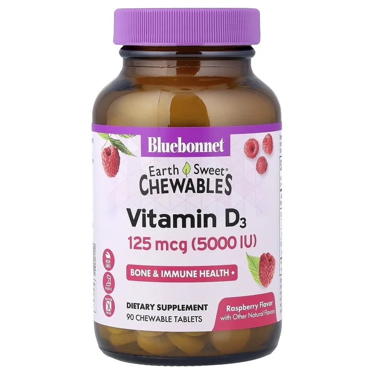 Bluebonnet Nutrition, Земля — жевательные таблетки, витамин D3, малина, 125 мкг (5000 МЕ), 90 жевательных таблеток