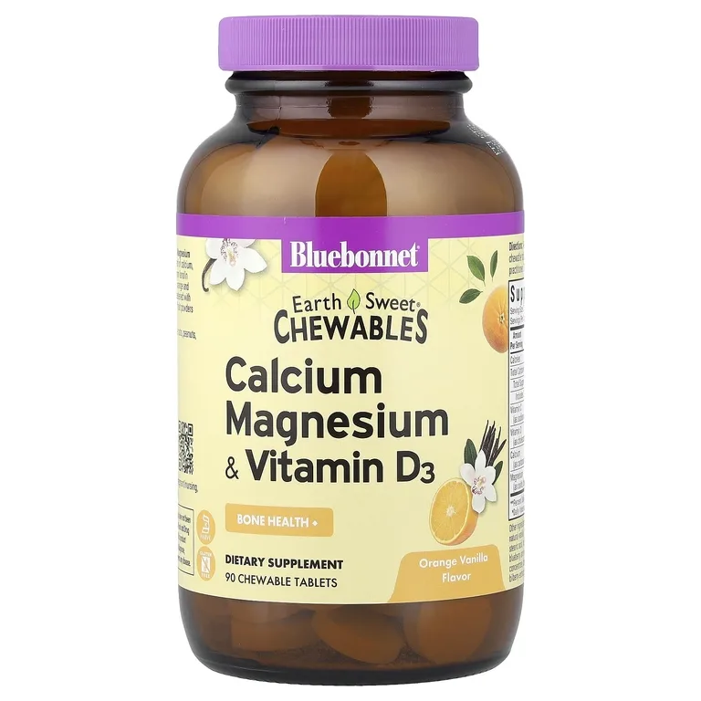 Bluebonnet Nutrition, жевательные таблетки, кальций, магний и витамин D3, со вкусом апельсина и ванили, 90 жевательных таблеток