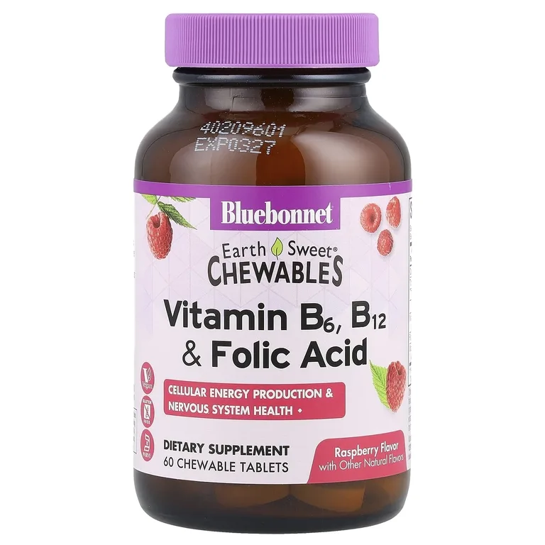Bluebonnet Nutrition, жевательные таблетки, витамины B6, B12 и фолиевая кислота, малина, 60 жевательных таблеток