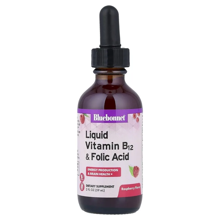 Bluebonnet Nutrition, Жидкий витамин B-12 и фолиевая кислота, натуральный малиновый вкус, 59 мл