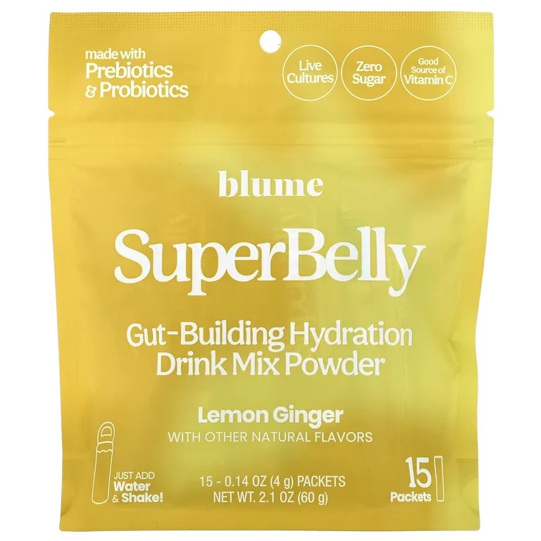 Blume, SuperBely, смесь для приготовления гидратации кишечника в порошке, со вкусом лимона и имбиря, 15 пакетиков по 4 г (0,14 унции)