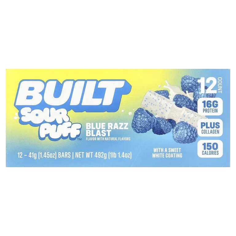 Built, Sour Puff™, протеиновые батончики, голубая малина, 12 батончиков по 41 г (1,45 унции)