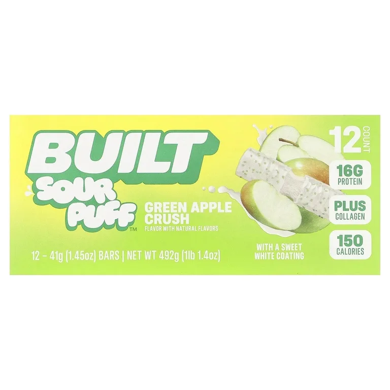 Built, Sour Puff™, протеиновые батончики, зеленое яблоко, 12 батончиков по 41 г (1,45 унции)