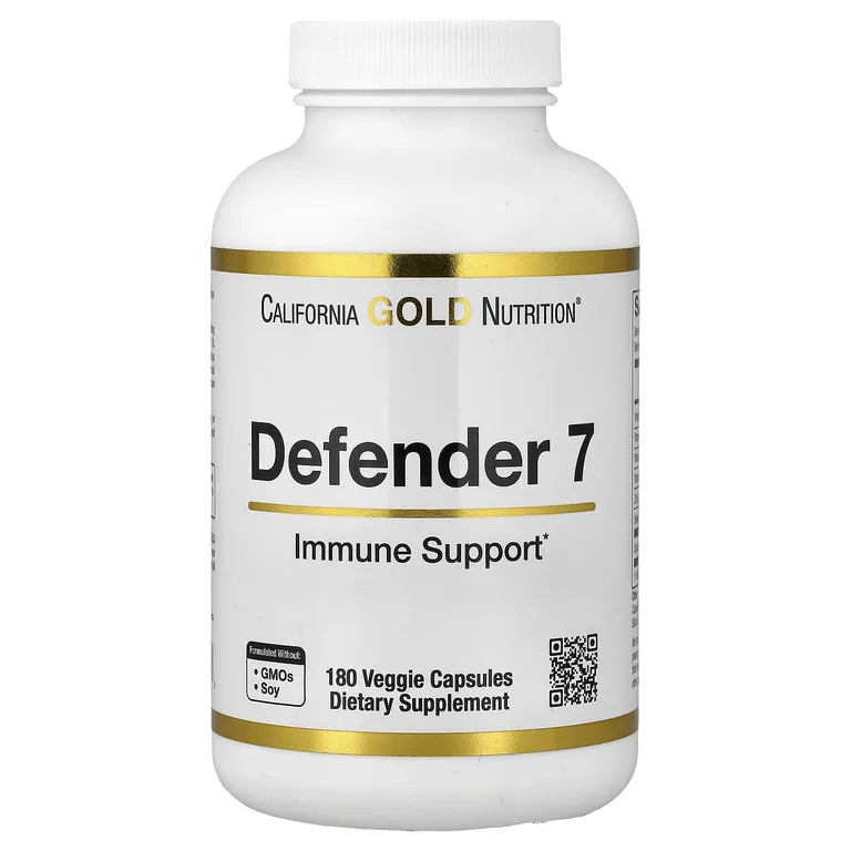 California Gold Nutrition, Defender 7, добавка с витаминами A, C, D3 и B6, цинком, селеном и бета-глюканом, 180 растительных капсул