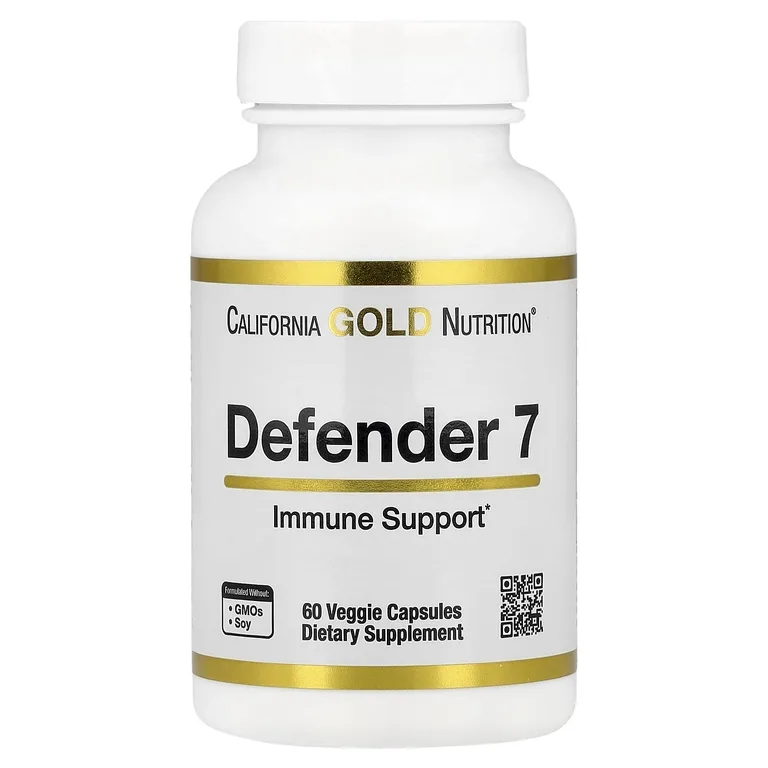 California Gold Nutrition, Defender 7, добавка с витаминами A, C, D3 и B6, цинком, селеном и бета-глюканом, 60 растительных капсул
