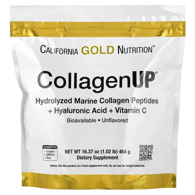 California Gold Nutrition, гидролизованные пептиды морского коллагена с гиалуроновой кислотой и витамином C, с нейтральным вкусом, 464 г