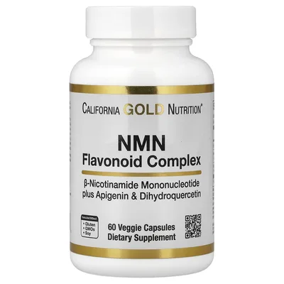 California Gold Nutrition, комплекс флавоноидов с NMN, апигенином и дигидрокверцетином, 60 растительных капсул