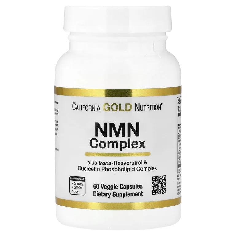 California Gold Nutrition, комплекс с NMN, транс-ресвератролом, фитосомным комплексом кверцетина, апигенином и лютеолином, 60 вегетарианских капсул