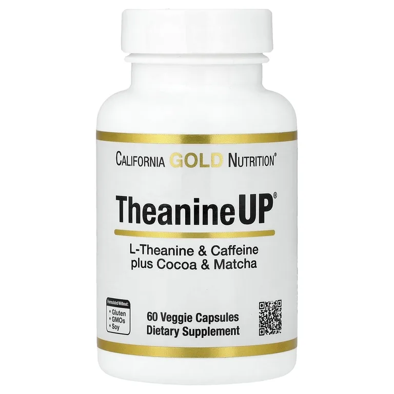 California Gold Nutrition, L-теанин и кофеин + какао и матча, 60 растительных капсул