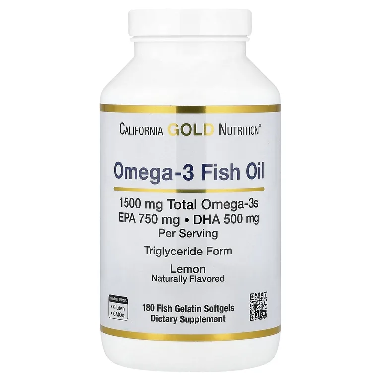 California Gold Nutrition, Норвежский рыбий жир с омега-3, ЭПК и ДГК, со вкусом лимона, 180 мягких капсул из рыбьего желатина (750 мг в 1 капсуле)