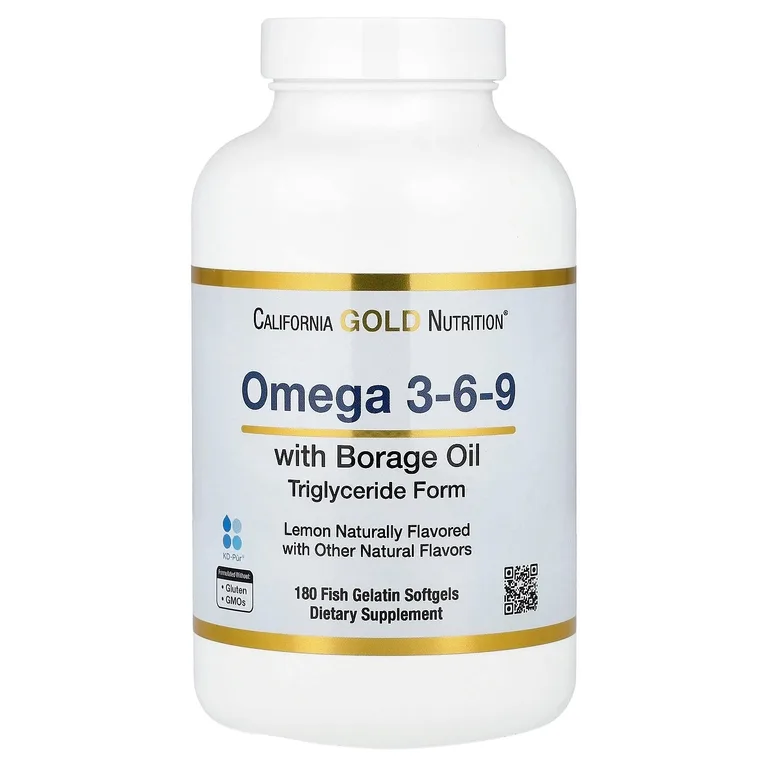 California Gold Nutrition, омега-3, 6 и 9, с рыбьим жиром с омега-3 и маслом семян бурачника, ЭПК, ДГК, ГЛК и линолевая кислота, натуральный лимон, 180 капсул из рыбьего желатина