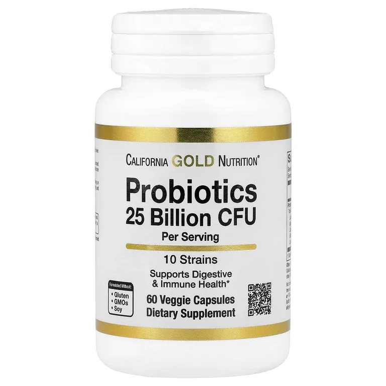 California Gold Nutrition, пробиотики с ацидофильными лактобактериями, бифидобактериями лактис, лактобактериями плантарум и лактобактериями казеи, смесь из 10 штаммов, 25 млрд КОЕ, 60 вегетарианских капсул