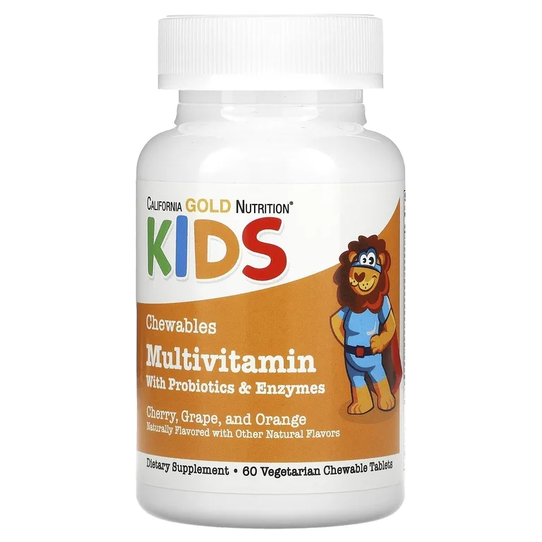 California Gold Nutrition, жевательные мультивитамины с пробиотиками, ферментами, витаминами A и C для детей, фруктовое ассорти, 60 вегетарианских таблеток