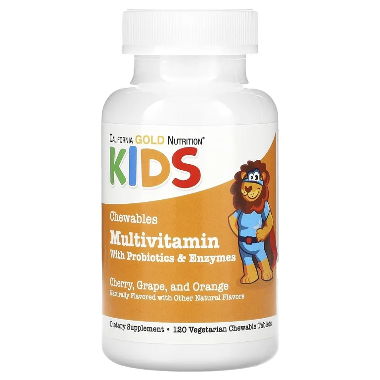 California Gold Nutrition, жевательные мультивитамины с пробиотиками, ферментами, витаминами A и C для детей, фруктовое ассорти, 120 вегетарианских таблеток