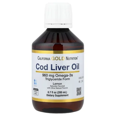 California Gold Nutrition, жир из печени трески с омега-3 жирными кислотами, ЭПК, ДГК, витаминами A и D, норвежский, в форме триглицеридов, натуральный лимонный вкус, 200 мл (6,7 жидк. унции)