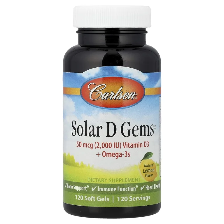 Carlson, Solar D Gems®, витамин D3 и омега-3 кислоты, натуральный лимонный вкус, 120 капсул