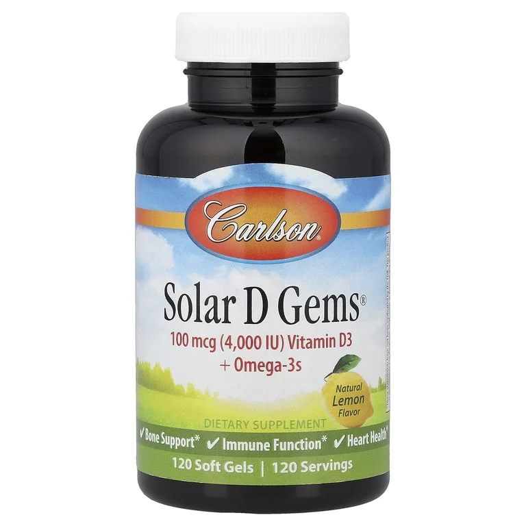 Carlson, Solar D Gems®, витамин D3 и омега-3 кислоты, натуральный лимонный вкус, 120 капсул