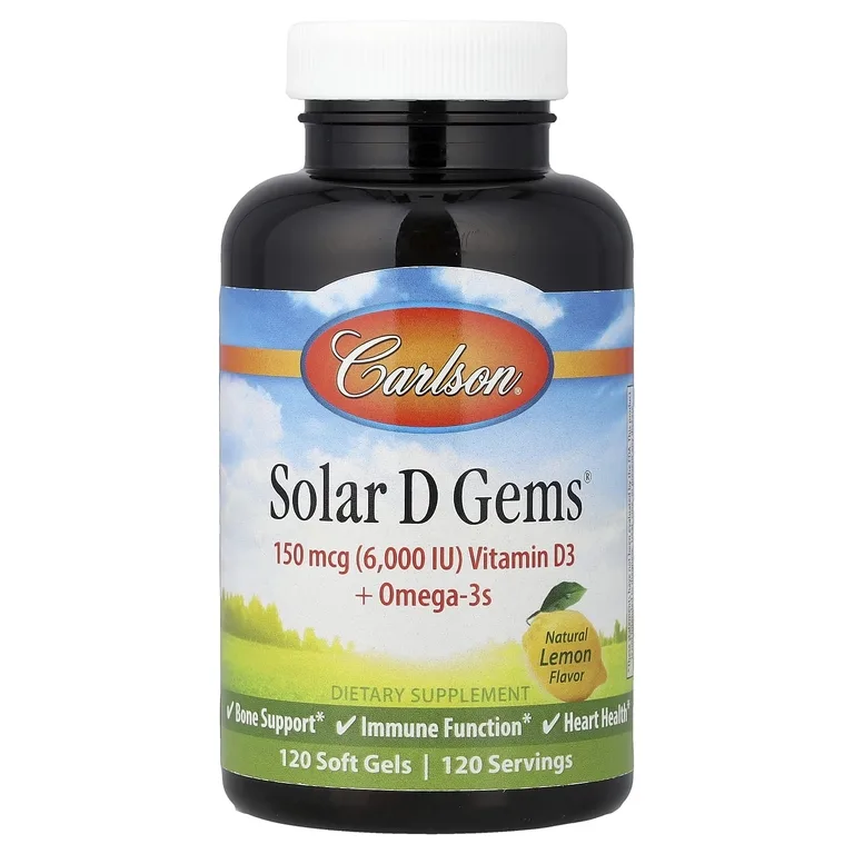Carlson, Solar D Gems®, витамин D3 и омега-3, натуральный лимон, 120 мягких таблеток