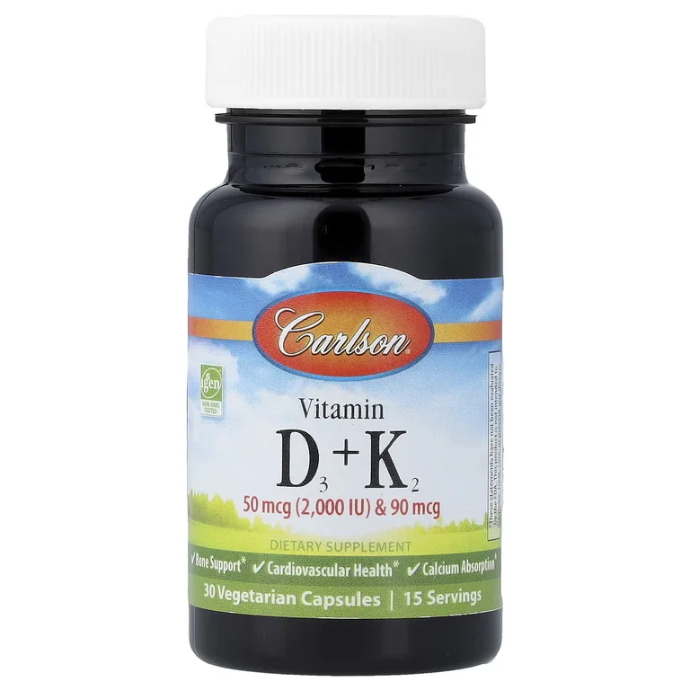 Carlson, витамины D3 и K2, 30 вегетарианских капсул