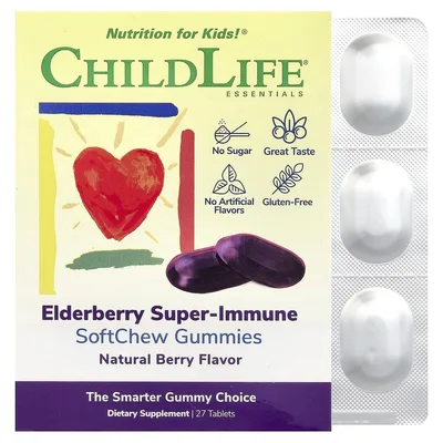 ChildLife Essentials, Super-Immune SoftChew Gummies, жевательные таблетки с бузиной для детей, со вкусом натуральных ягод, 27 таблеток