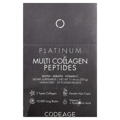 Codeage, Platinum, мультиколлагеновые пептиды, без добавок, 30 пакетиков по 11 г (0,38 унции)