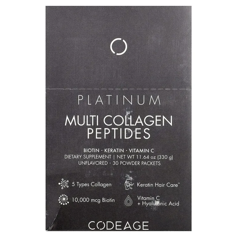 Codeage, Platinum, мультиколлагеновые пептиды, без добавок, 30 пакетиков по 11 г (0,38 унции)