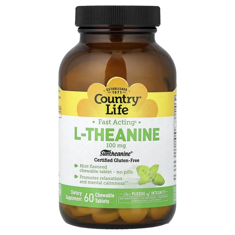 Country Life, L-теанин, мята, 100 мг, 60 жевательных таблеток