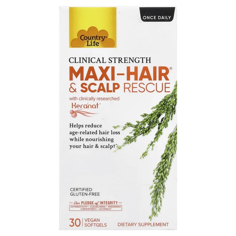 Country Life, Maxi-Hair® и Scalp Rescue, клинически подтвержденная эффективность, 30 веганских капсул