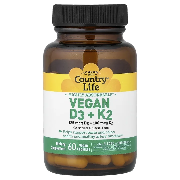 Country Life, веганские витамины D3 и K2, 60 веганских капсул