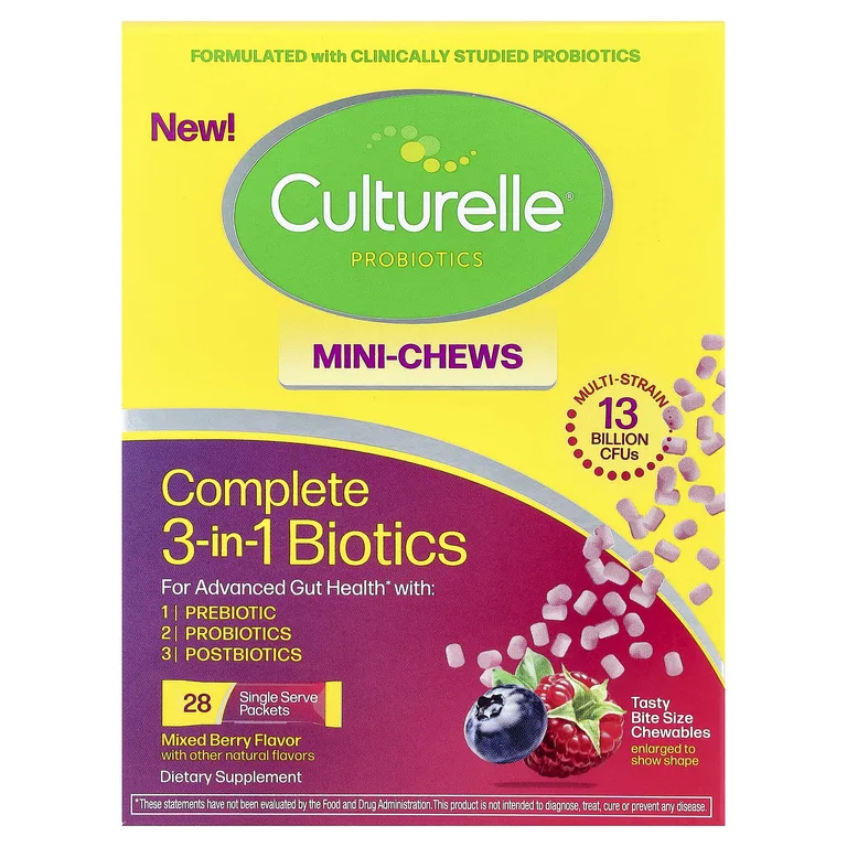 Culturelle, комплекс биотиков 3 в 1, жевательные мини-жевательные таблетки, ягодный вкус, 28 порционных пакетиков по 1,5 г (0,05 унции)