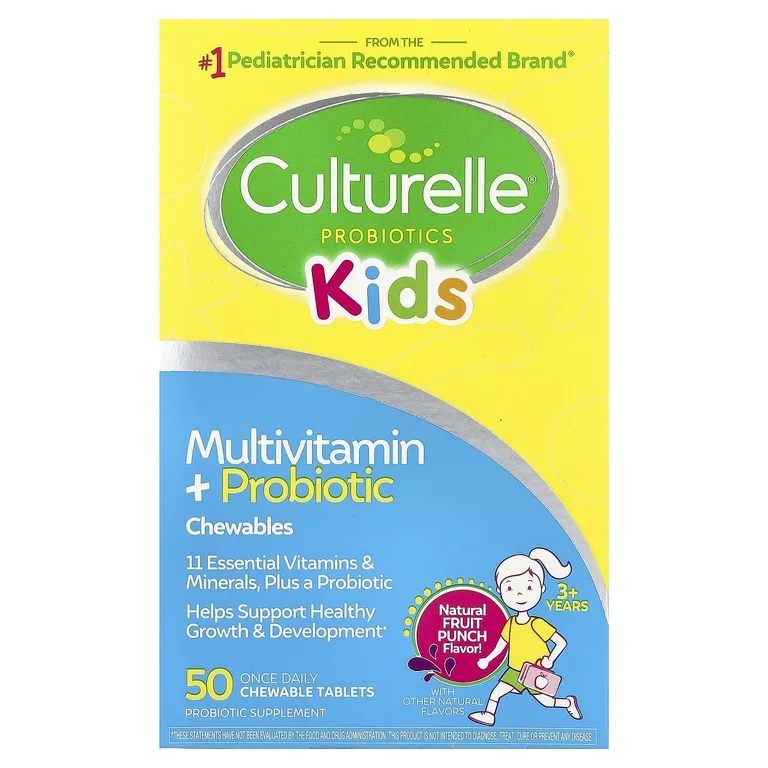 Culturelle, мультивитамины и пробиотики, для детей старше 3 лет, натуральный фруктовый пунш, 50 жевательных таблеток