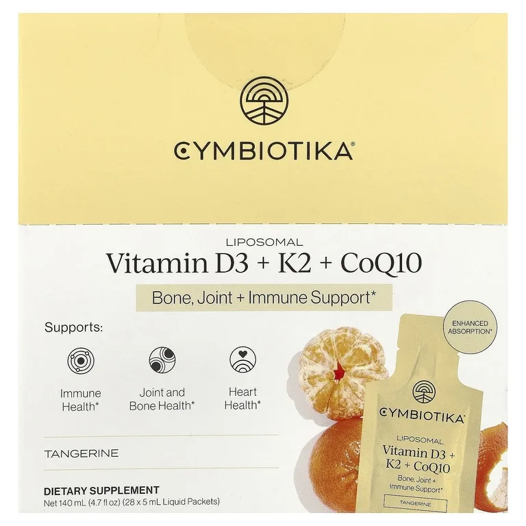Cymbiotika, липосомальные витамины D3, K2 и коэнзим Q10, мандарин, 28 пакетиков по 5 мл (0,17 жидк. унции)