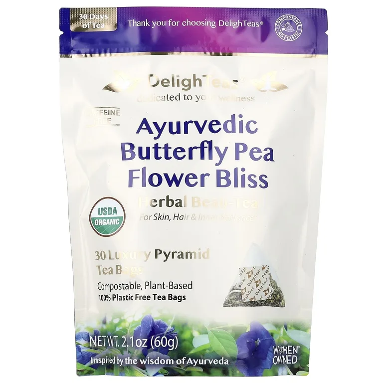 DelighTeas, Ayurvedic Butterfly Pea Flower Bliss, травяной чай, без кофеина, 30 роскошных чайных пакетиков Pyramid, 60 г (2,1 унции)