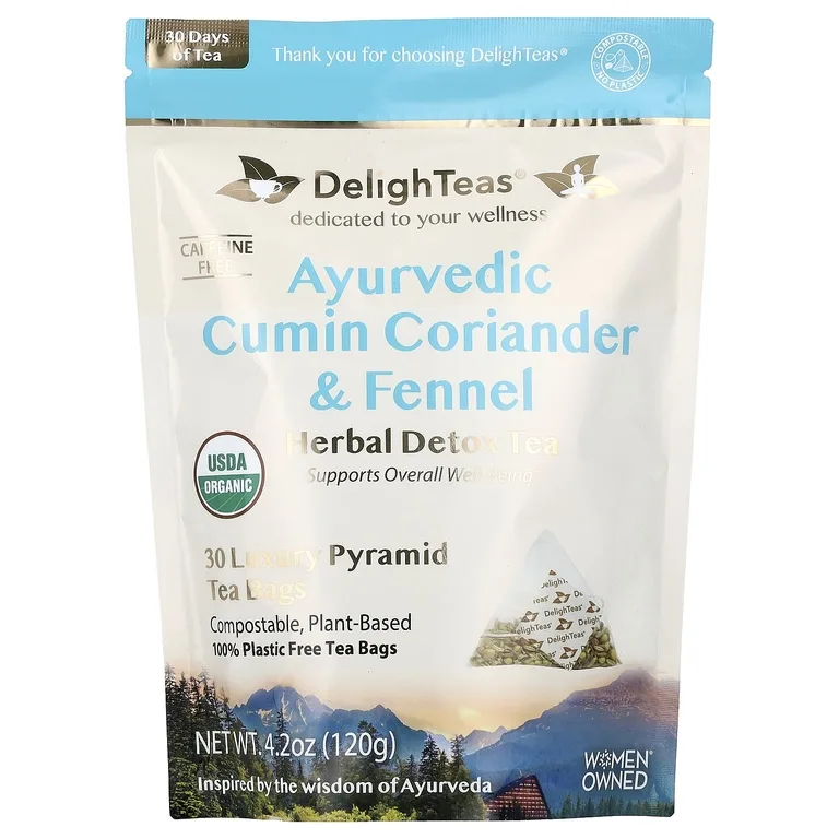 DelighTeas, Ayurvedic Cumin, Coriander & Fennel, травяной чай для выведения токсинов, без кофеина, 30 роскошных чайных пакетиков Pyramid, 120 г (4,2 унции)