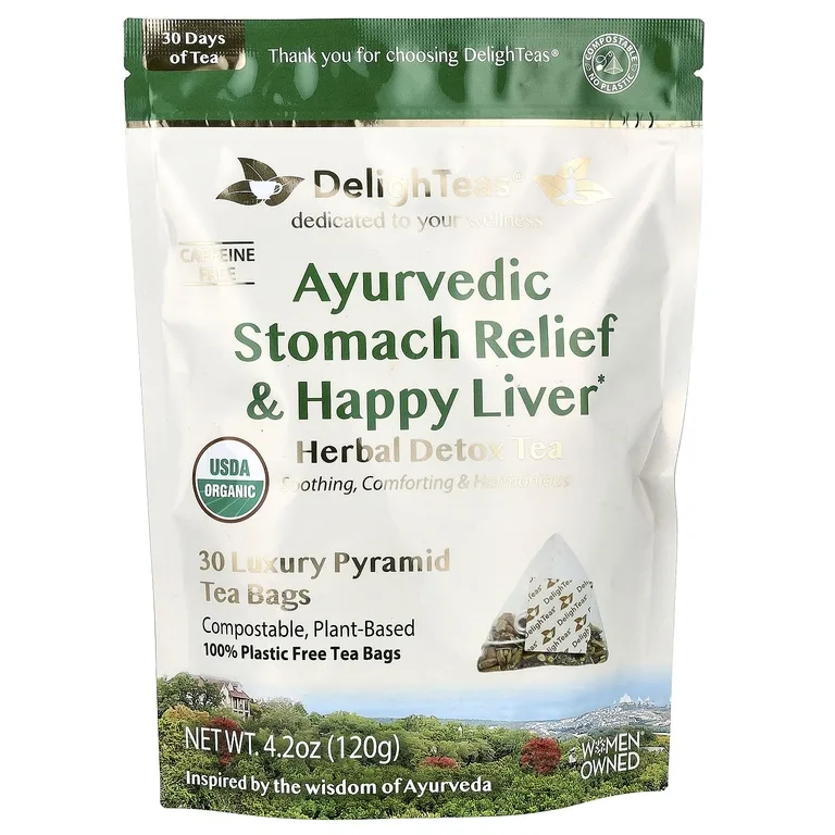 DelighTeas, Ayurvedic Stomach Relief & Happy Liver, травяной чай для выведения токсинов, без кофеина, 30 роскошных чайных пакетиков Pyramid, 120 г (4,2 унции)