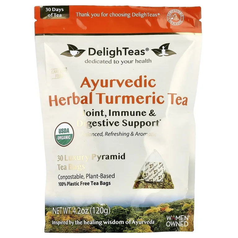 DelighTeas, Аюрведический травяной чай с куркумой, без кофеина, 30 роскошных чайных пакетиков в форме пирамидки, 120 г (4,2 унции)