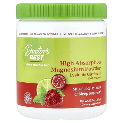 Doctor's Best, порошок магния с высокой степенью усвояемости, со вкусом клубники и лайма, 350 г (12,5 унции)