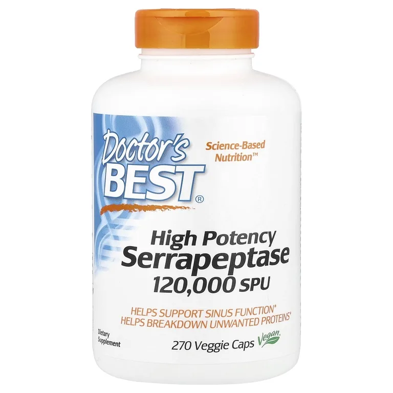 Doctor's Best, высокоэффективная серрапептаза, 120 000 единиц активности серрапептазы (SPU), 270 растительных капсул